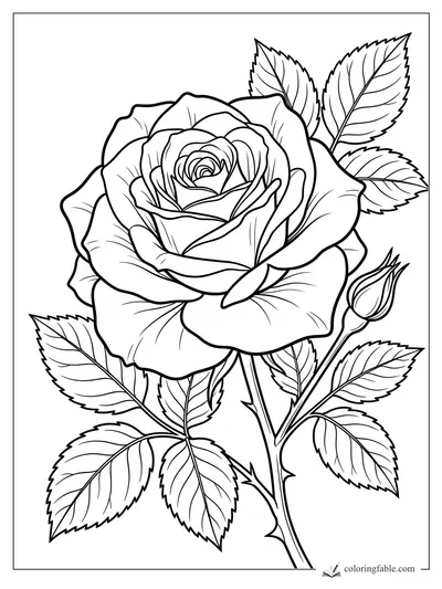 Realistic rose coloring page with layered petals, a side bud, thorny stem, and serrated leaves.
