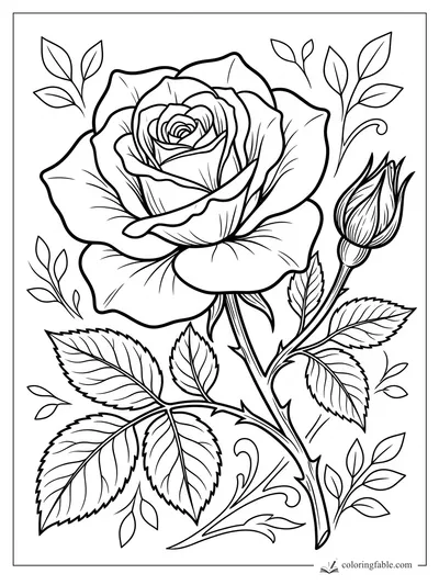Realistic rose coloring page with layered petals, a closed bud, thorny stems, and serrated leaves.