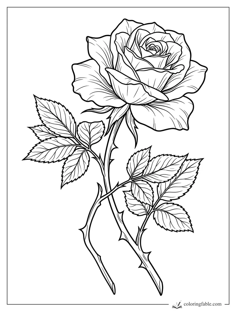 Realistic rose coloring page with layered bloom, serrated leaves, and thorny crossing stems