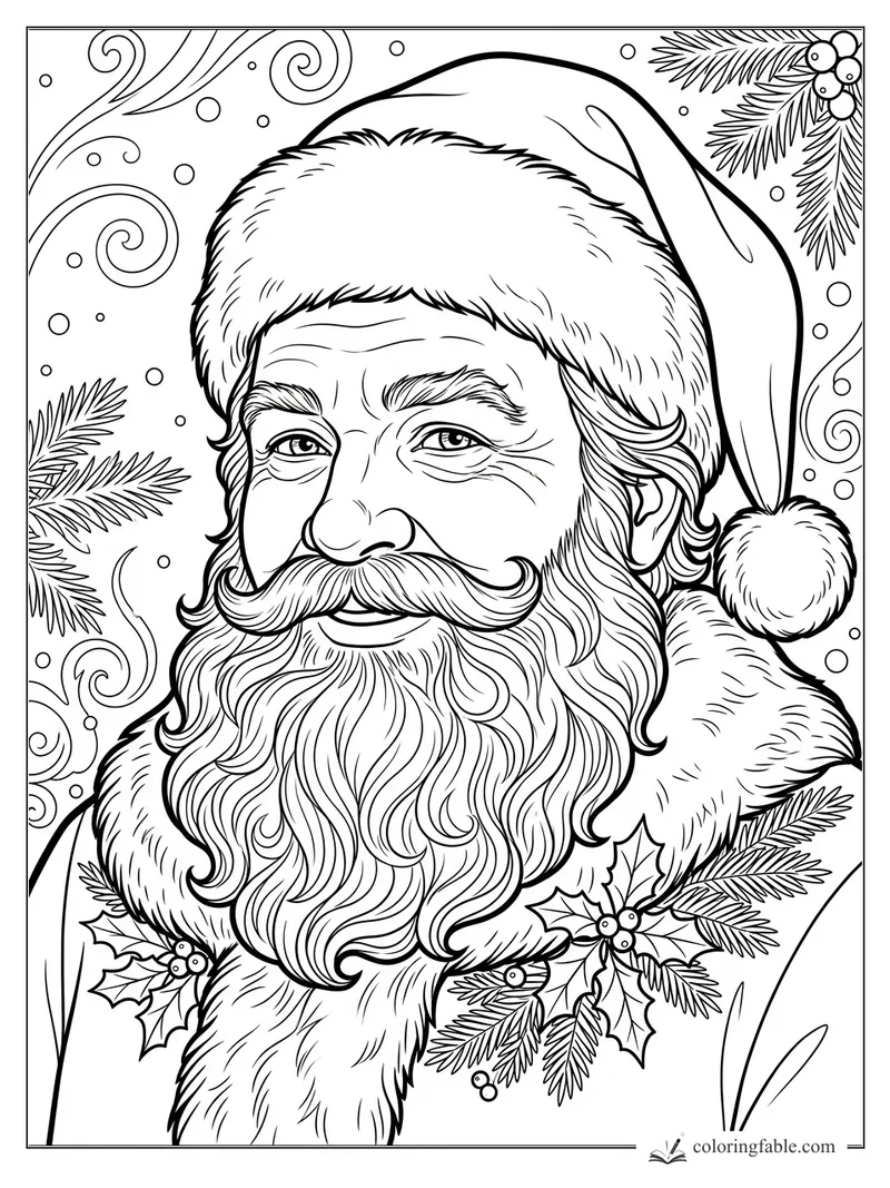 Realistic Santa face coloring page with curly beard, fur hat, holly berries, pine sprigs, and swirling snow.