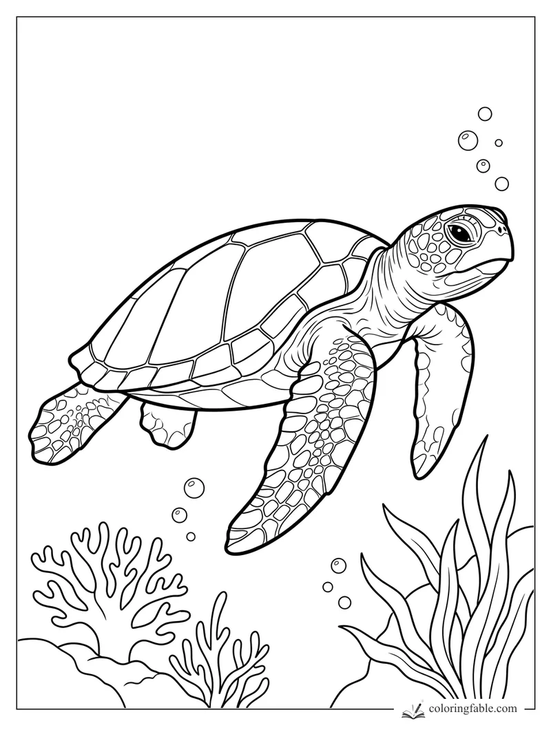 Realistic sea turtle swimming above coral, sea grass, and rising bubbles coloring page