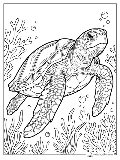 Intricate realistic sea turtle swimming past coral branches, sea grass, and bubbles.