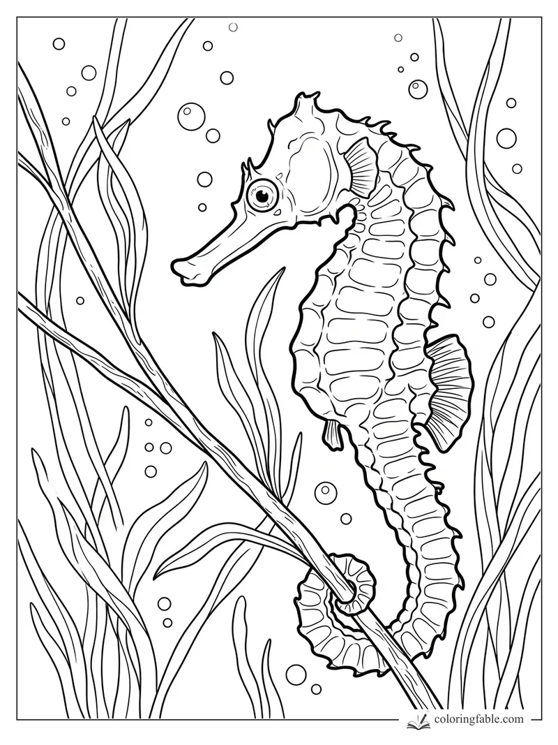 Realistic seahorse with curled tail holding seagrass, surrounded by bubbles and tall sea plants.