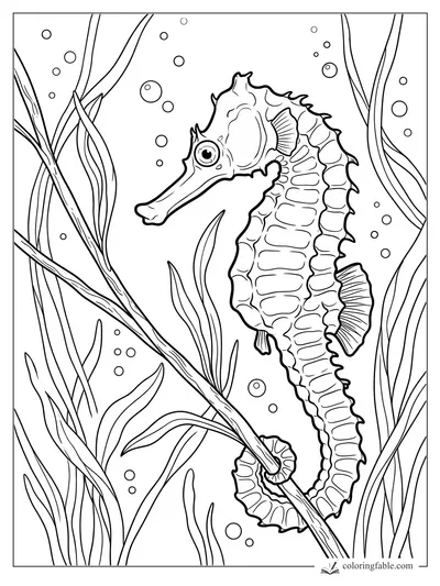 Realistic seahorse with curled tail holding seagrass, surrounded by bubbles and tall sea plants.