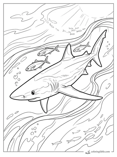 Realistic shark swimming through flowing currents with fish, bubbles, and sunlight overhead