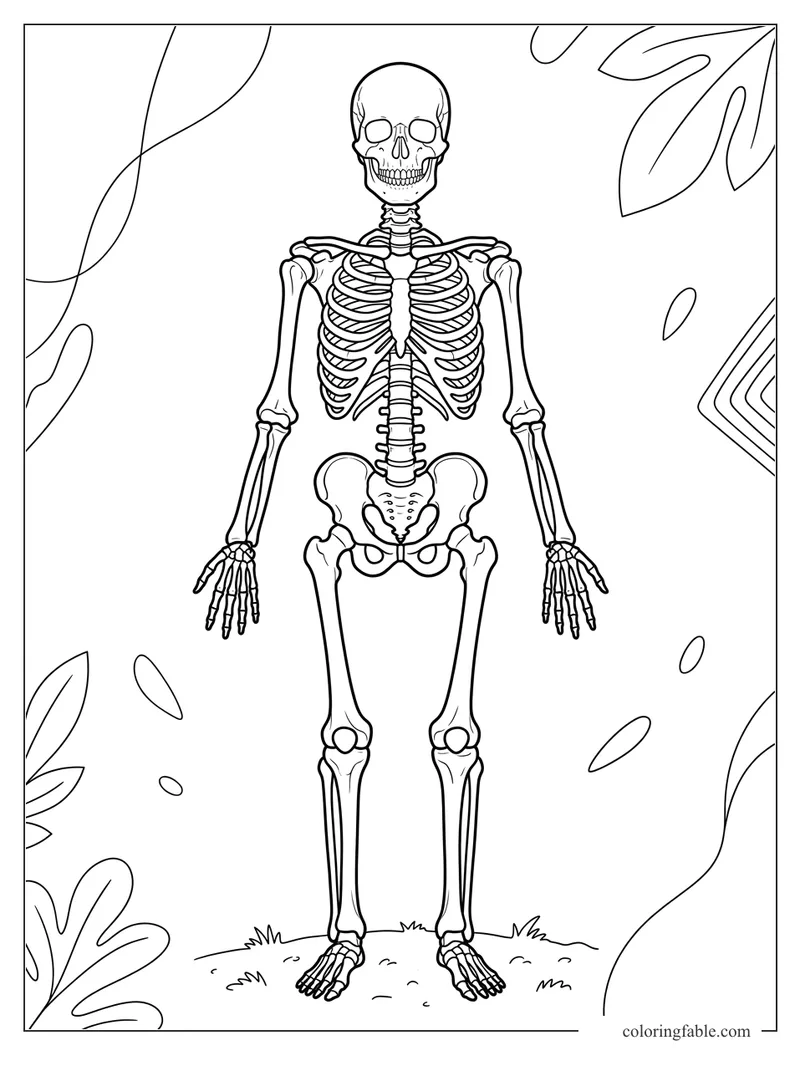 Realistic human skeleton coloring page with rib cage, skull, hands, feet, grass, and leafy border.