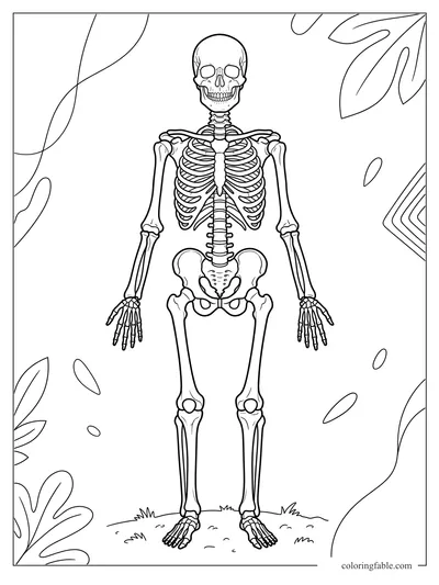 Realistic human skeleton coloring page with rib cage, skull, hands, feet, grass, and leafy border.
