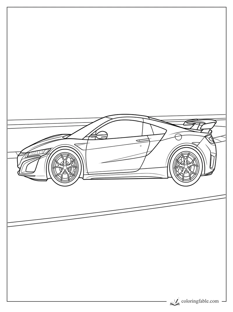 Realistic side-view sports car with rear wing, detailed wheels, headlights, and track lines