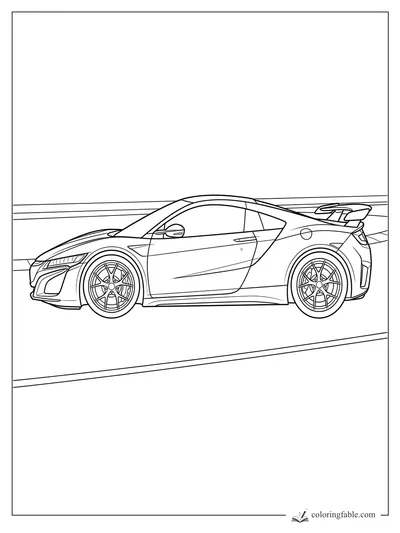 Realistic side-view sports car with rear wing, detailed wheels, headlights, and track lines