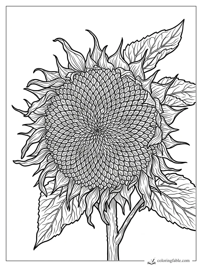 Realistic sunflower coloring page with spiral seed head, curling petals, veined leaves, and tall stem.
