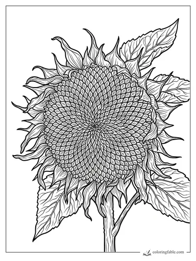 Realistic sunflower coloring page with spiral seed head, curling petals, veined leaves, and tall stem.