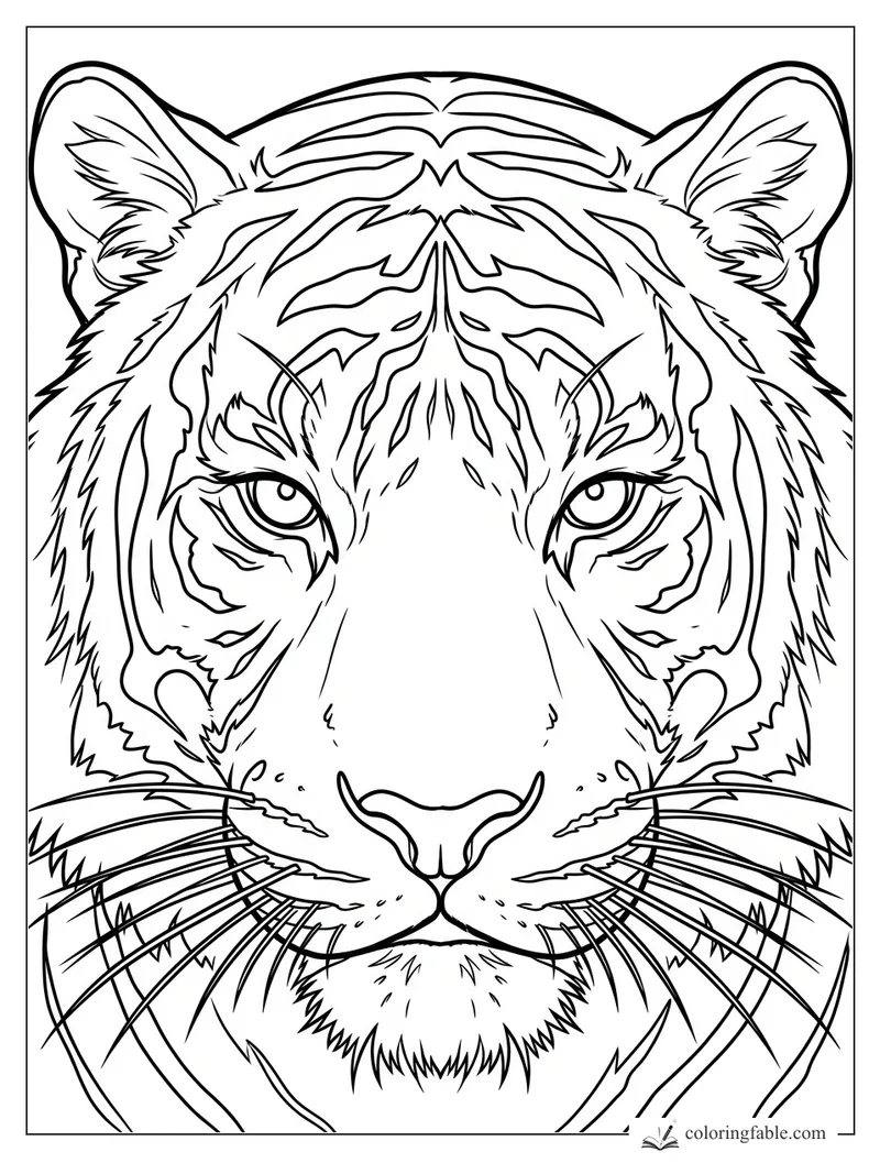 Realistic tiger face coloring page with detailed stripes, ears, whiskers, and steady eyes