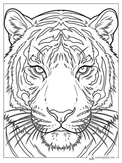 Realistic tiger face coloring page with detailed stripes, ears, whiskers, and steady eyes