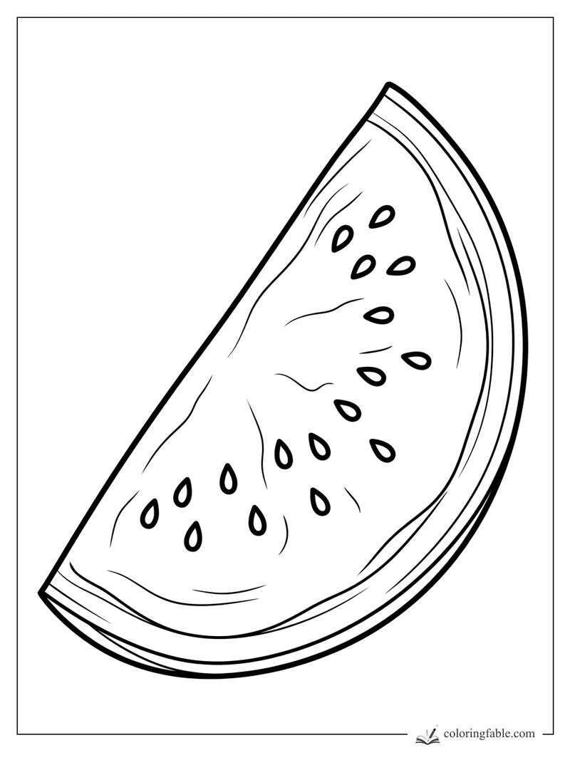 Realistic watermelon slice coloring page with curved rind, juicy flesh lines, and scattered oval seeds
