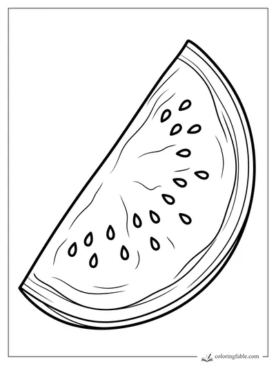 Realistic watermelon slice coloring page with curved rind, juicy flesh lines, and scattered oval seeds