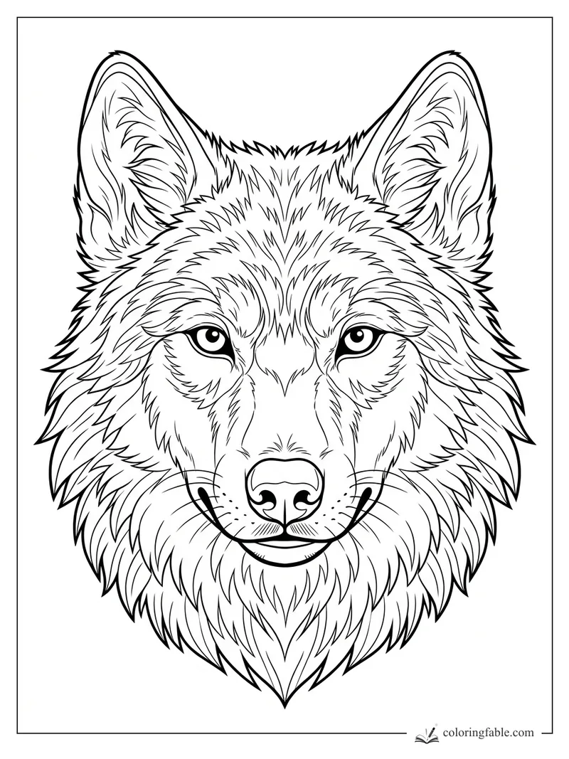 Realistic wolf head coloring page with pointed ears, steady eyes, whiskers, and layered fur lines.