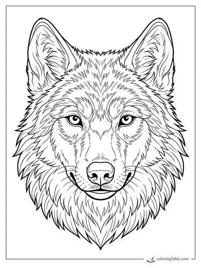 Realistic wolf head coloring page with pointed ears, steady eyes, whiskers, and layered fur lines.