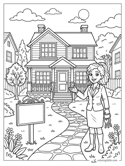 Cartoon realtor holding keys beside a for-sale sign, stone path, porch house, trees, clouds, and sun.