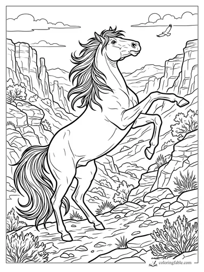 Realistic rearing mustang with flowing mane among canyon cliffs, shrubs, rocks, clouds, and a flying bird.