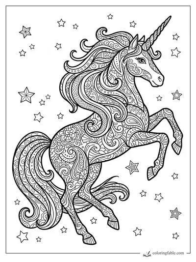 Intricate zentangle unicorn rearing with a braided horn, flowing patterned mane, and scattered stars