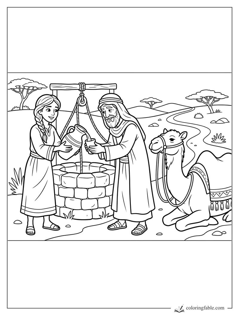 Rebekah pours water for a traveler beside a stone well, with a saddled camel waiting on the road.