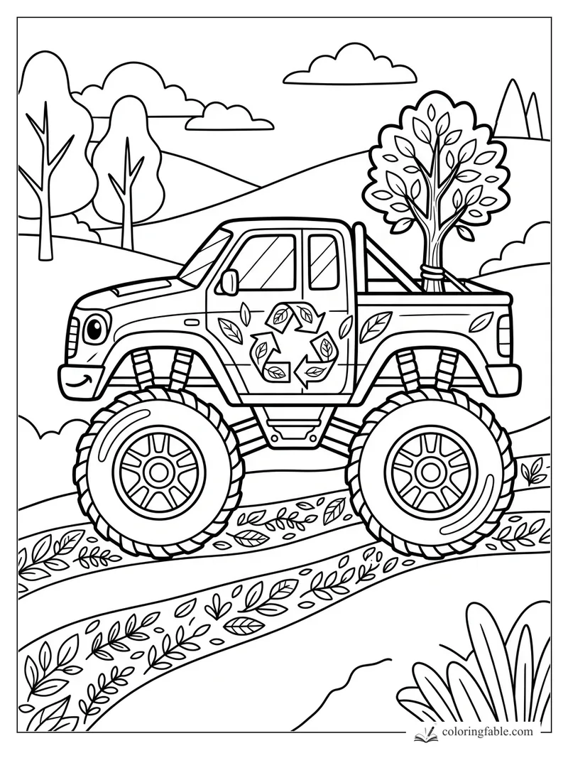 Recycling monster truck carrying a tied young tree through leafy hills
