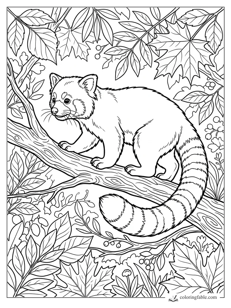 Red panda walking along a tree branch under maple leaves, vines, and berries coloring page