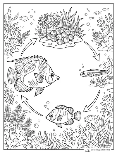 Fish life cycle coloring page with reef eggs, baby fish, adult fish, coral, bubbles, and curved arrows