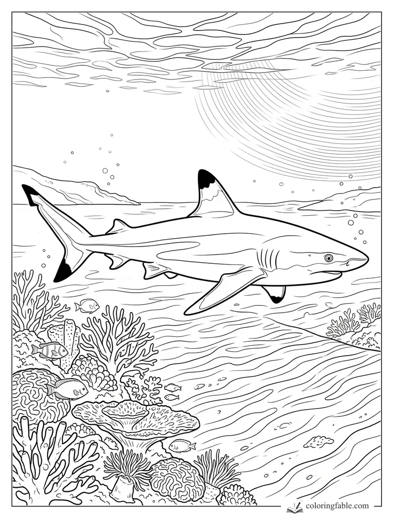 Realistic shark swimming over coral reef with small fish, bubbles, and sun rays under ocean surface
