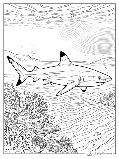 Realistic shark swimming over coral reef with small fish, bubbles, and sun rays under ocean surface