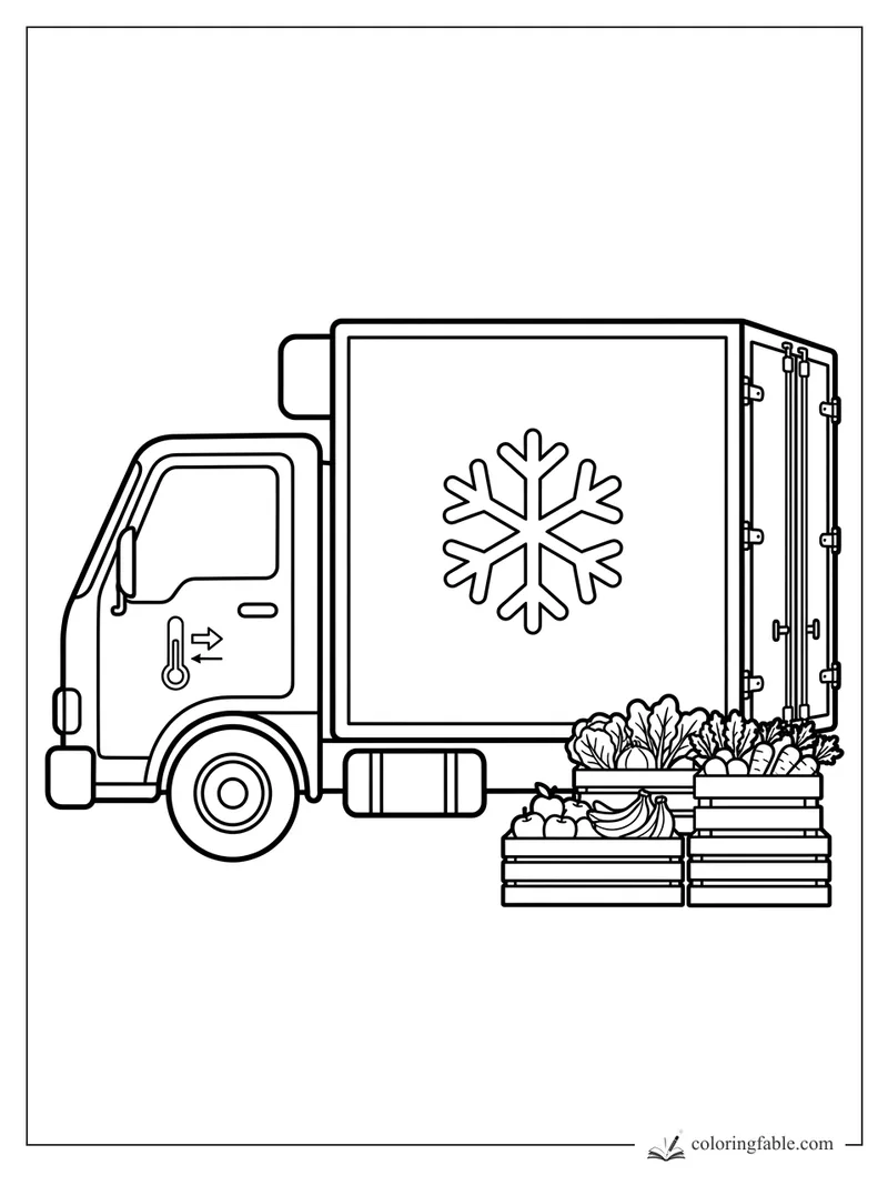 Refrigerated truck with a snowflake symbol beside crates of bananas, apples, greens, and carrots.