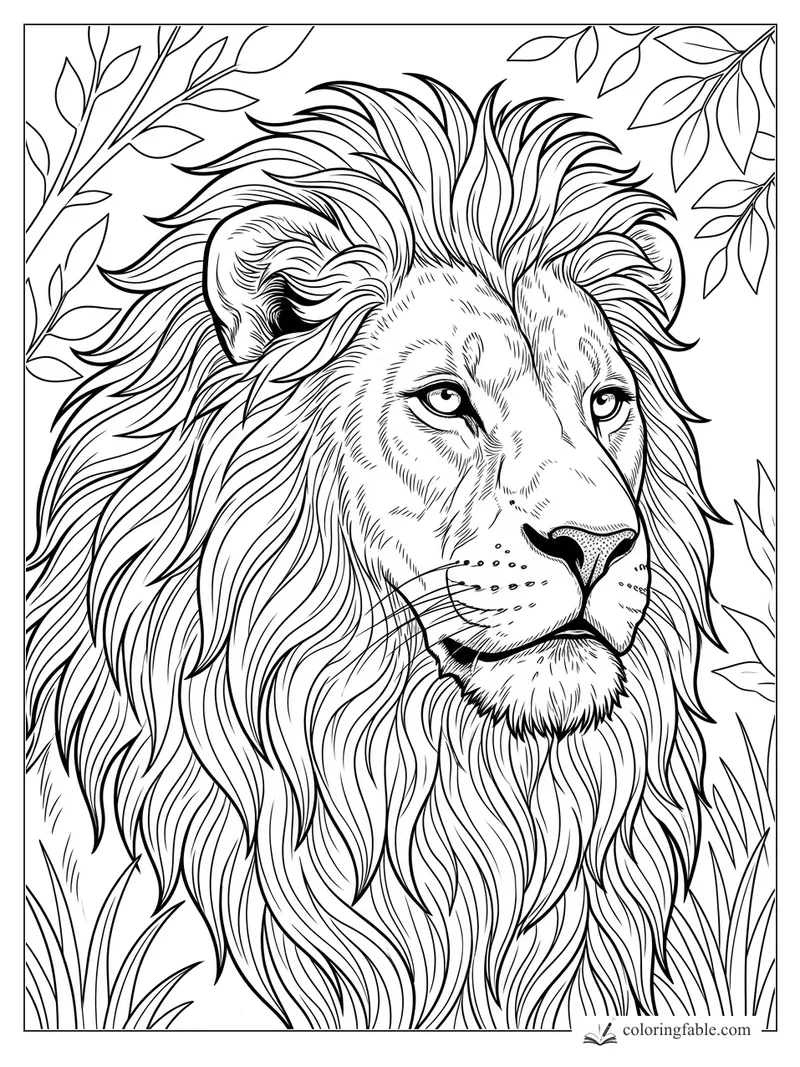Realistic lion portrait with flowing mane, alert eyes, whiskers, leaves, and tall grass