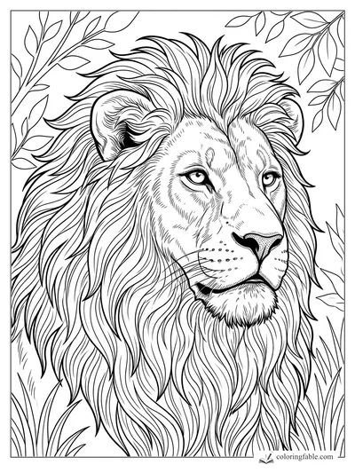 Realistic lion portrait with flowing mane, alert eyes, whiskers, leaves, and tall grass