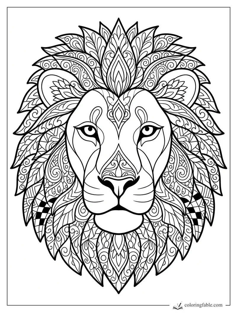 Intricate lion head mandala with leaf-shaped mane sections, spirals, and bold symmetric line art