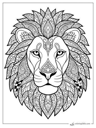 Intricate lion head mandala with leaf-shaped mane sections, spirals, and bold symmetric line art