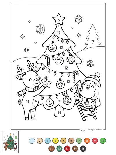 Reindeer and Penguin Decorating a Snowy Christmas Tree — color by number