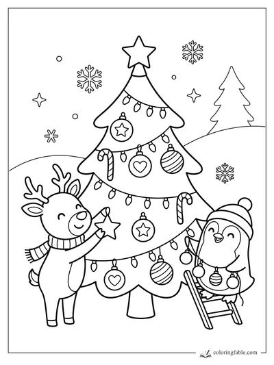 Cartoon reindeer and penguin decorate a Christmas tree with ornaments, candy canes, lights, and snowflakes.