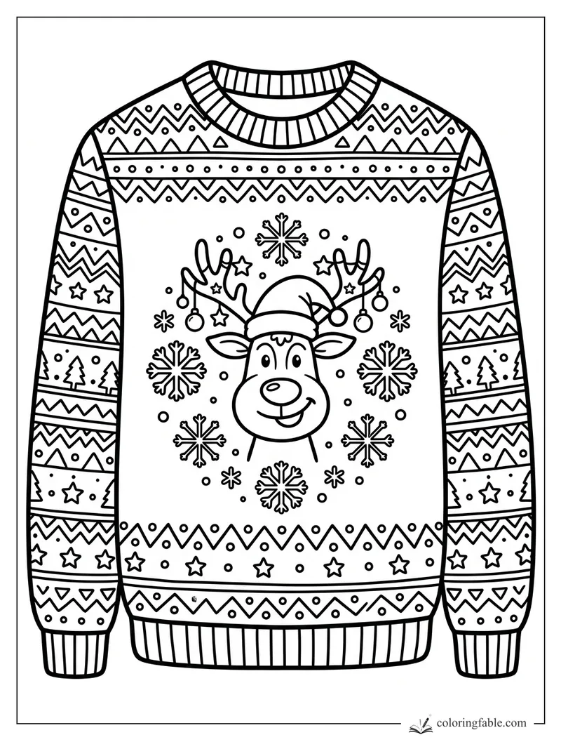 Christmas sweater coloring page with smiling reindeer, antlers, snowflakes, stars, trees, and zigzag patterns