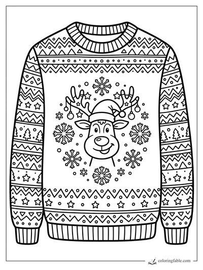 Christmas sweater coloring page with smiling reindeer, antlers, snowflakes, stars, trees, and zigzag patterns