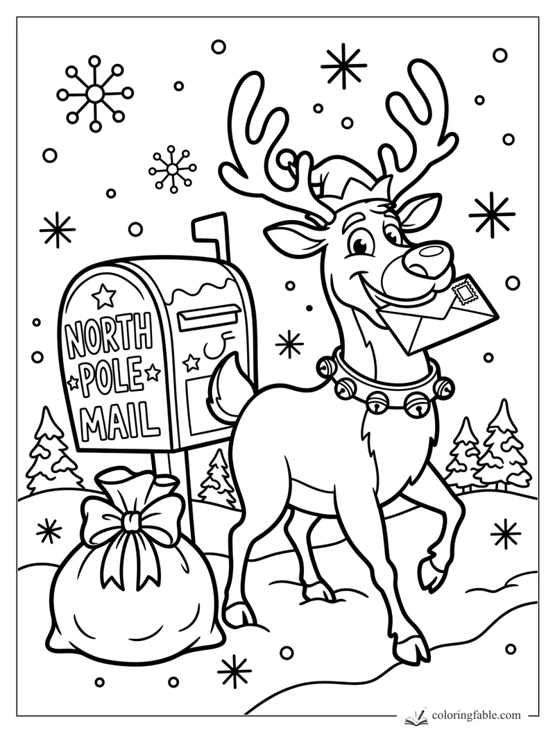 Smiling reindeer with envelope beside a North Pole Mailbox, gift sack, snowflakes, and pine trees.