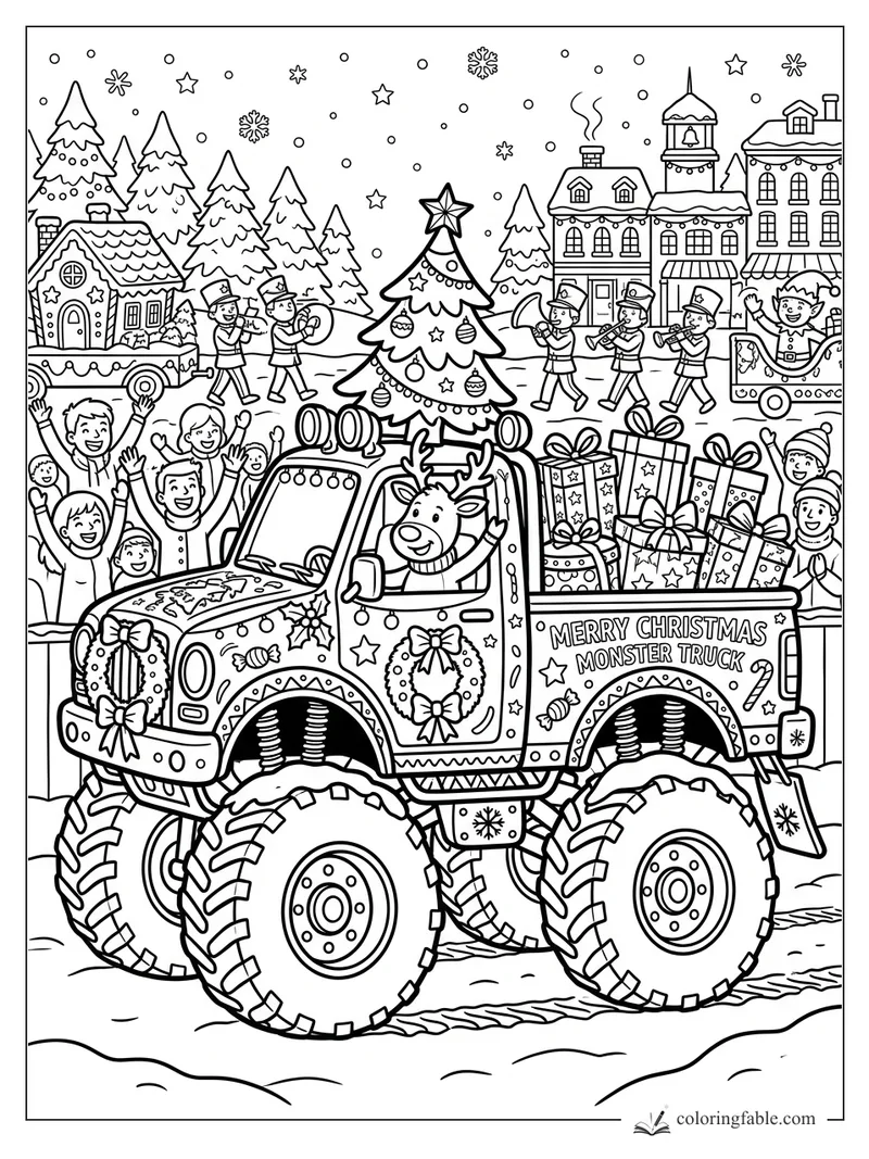 Christmas monster truck with reindeer driver, gifts, wreaths, marching band, snowy town, and cheering crowd
