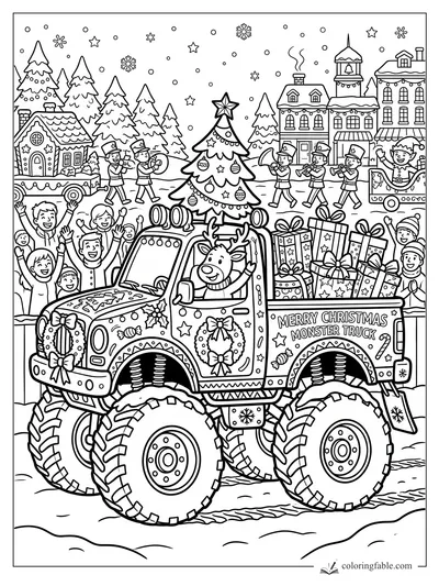 Christmas monster truck with reindeer driver, gifts, wreaths, marching band, snowy town, and cheering crowd