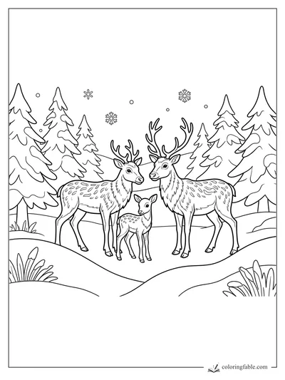 Three reindeer, including a fawn, stand among snowy pine trees and falling snowflakes.