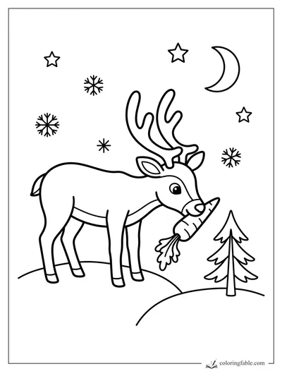 Minimalist reindeer holding a carrot under a crescent moon, stars, snowflakes, and a small pine tree.