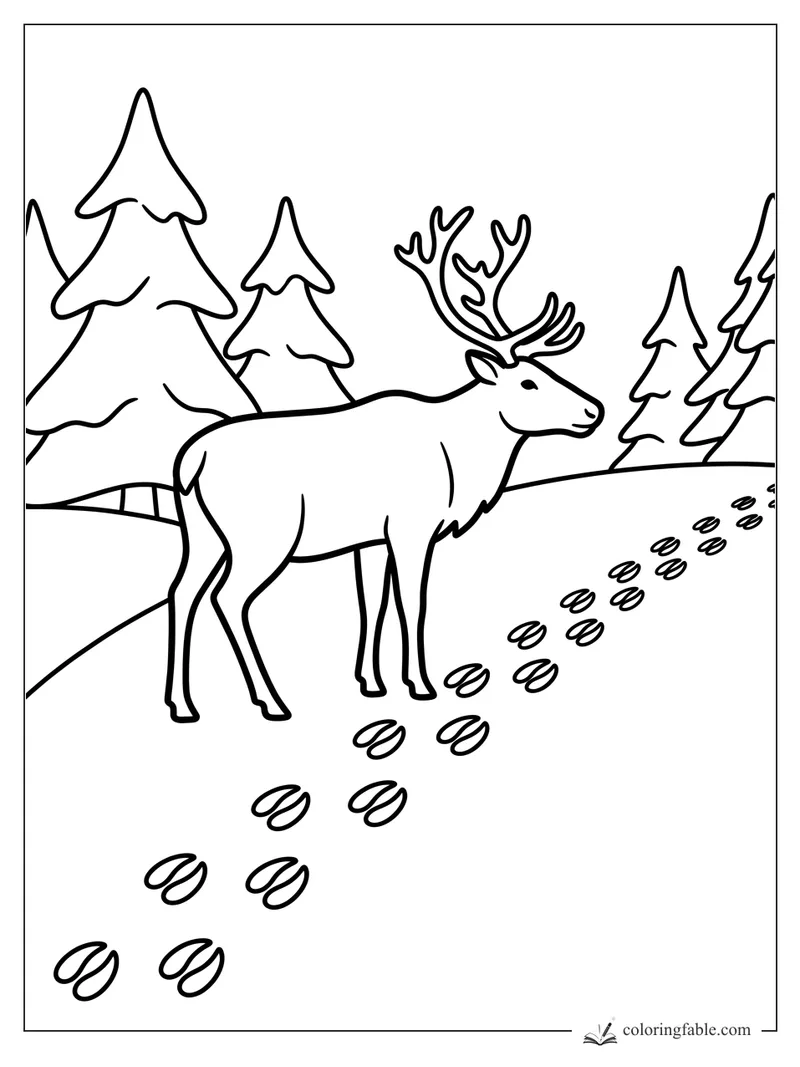 Minimalist reindeer in a pine forest, standing beside a trail of oval hoofprints in the snow