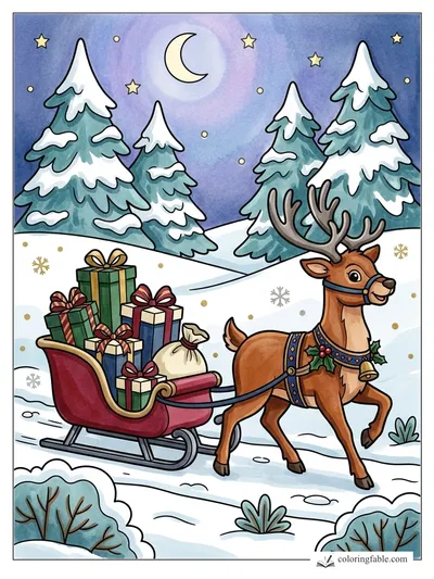 Reindeer Pulling a Sleigh of Wrapped Gifts — colored example