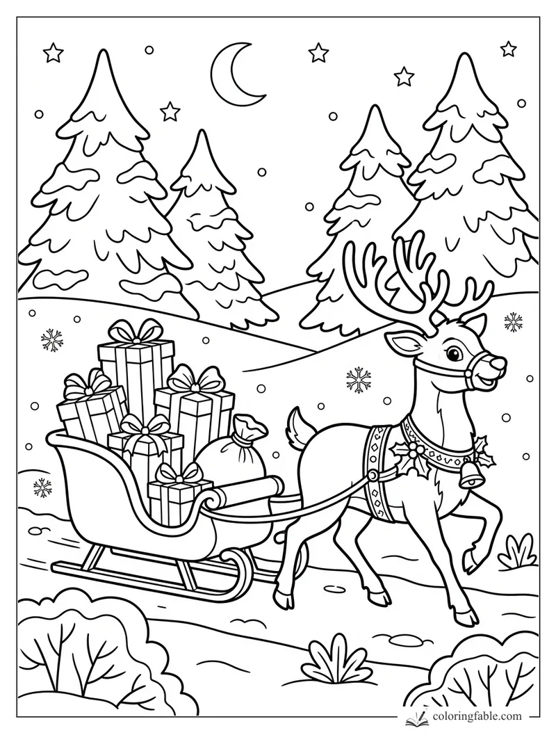 Reindeer in a harness pulling a gift-filled sleigh through snowy pine woods under a crescent moon