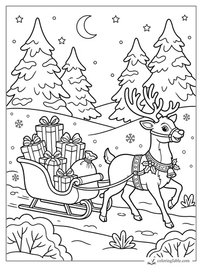 Reindeer in a harness pulling a gift-filled sleigh through snowy pine woods under a crescent moon