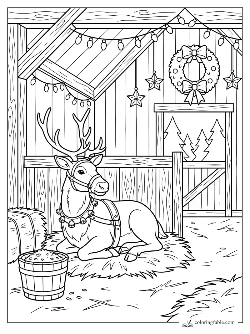 Reindeer with bell harness resting on hay in a decorated stable with lights, wreath, stars, and feed bucket.
