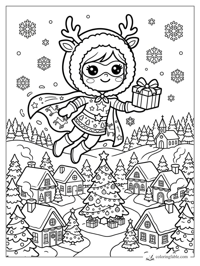 Kawaii reindeer superhero flying with a gift over a snowy Christmas village and tree